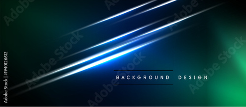 Dark background features bright blue lines, green glow. Modern abstract design suitable for digital projects. Minimalist aesthetic.