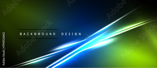 Abstract background features vibrant green, blue gradients. Diagonal light streaks create dynamic visual effect. Text reads background design.