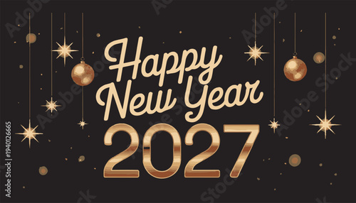 Happy New Year 2027 text with gold ornaments and stars on black background celebratory design vector illustration