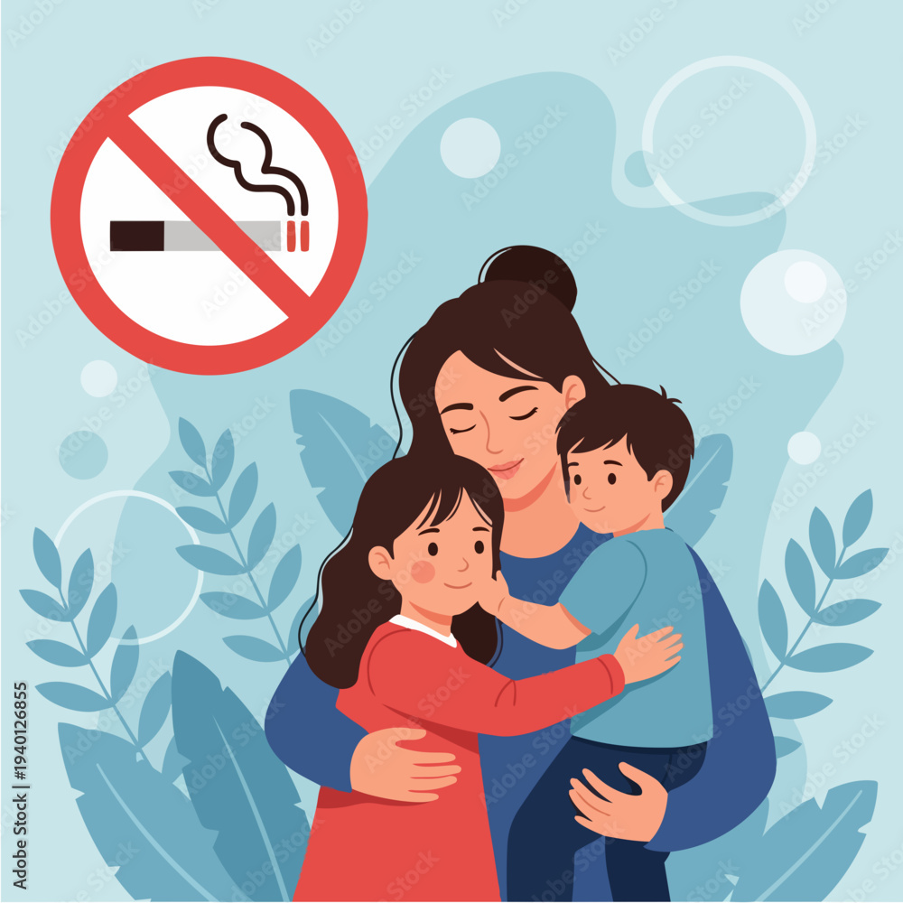 Obraz premium Mother hugging children with no smoking sign.
