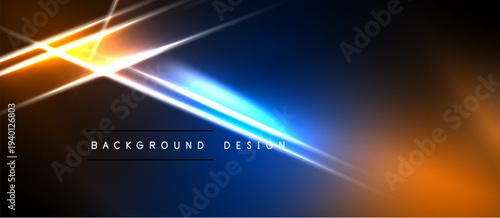 Abstract design features bright lines, gradients. Dark background contrasts vivid orange, blue hues. Modern aesthetic, dynamic composition.