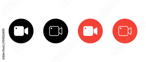 Video camera icon in black and red circle. Media recording symbol