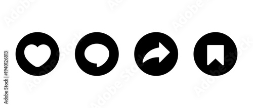 Like, comment, share, and save icon in black circle. Heart, speech bubble, repost, and bookmark symbol