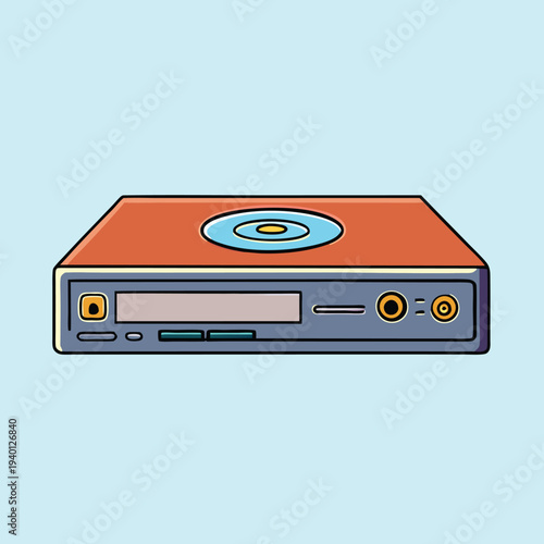 Retro CD player illustration with clean lines and flat colors on blue