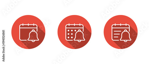 Calendar reminder alert icon set with long shadow. Schedule notification symbol. Date with bell sign