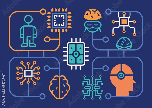 Several technology icons framed in rounded boxes depicting a human figure and a robotic head on a dark blue background with orange line art.