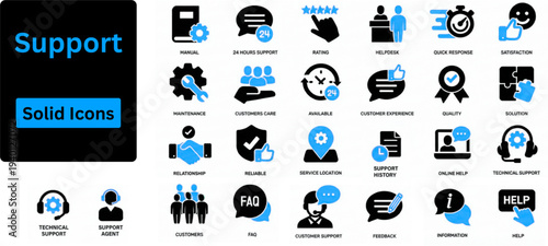 Support solid icon set. It supports icon set. featuring tech support, operator, scan, maintenance,  warning, troubleshooting, cloud computing, and computer repair symbol. Solid icons set. 
