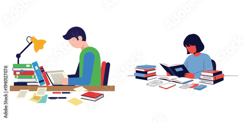A set of student studying with books and notes on a desk, vector illustration, flat design, white background, minimalist, clean design.