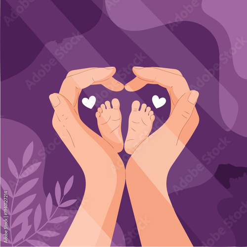 Parental Hands Forming Heart Shape Around Newborn Baby Feet.