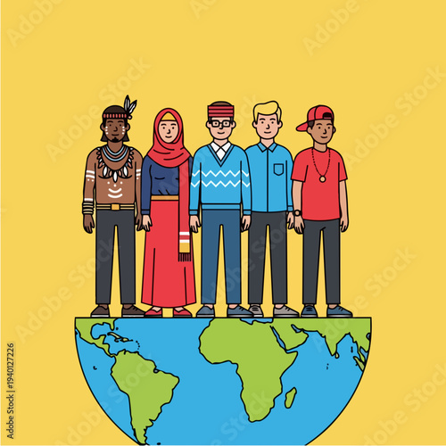 Diverse group of people standing on top of the Earth globe illustration.