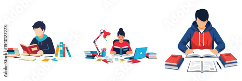 A set of student studying with books and notes on a desk, vector illustration, flat design, white background, minimalist, clean design.