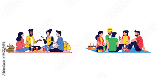 inimalist vector illustration of friends chatting while having a picnic, flat design, white background.