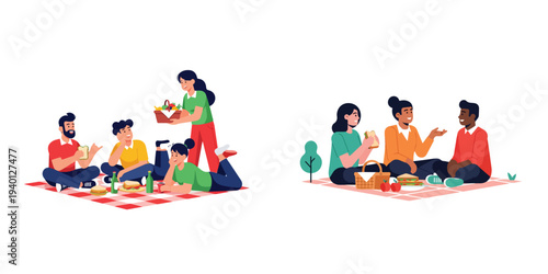 inimalist vector illustration of friends chatting while having a picnic, flat design, white background.