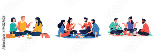 A group of people enjoying a picnic and friendly conversation, flat vector illustration, clean minimalist design, white background.