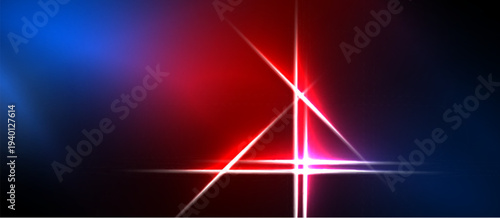 Abstract background features vibrant blue, red hues. Bright lines intersect creating starburst effect. Dark areas frame colorful center.