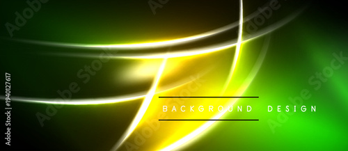 Abstract neon lines create vibrant green, yellow glow. Dynamic curves suggest speed, energy, modern aesthetic. Black background emphasizes luminosity.