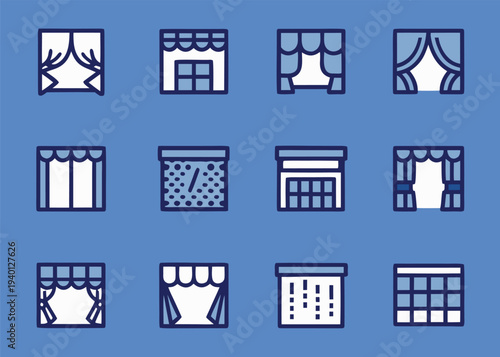 Twelve distinct icons featuring various styles of window curtains and blinds are displayed in a four by three grid on a blue background.