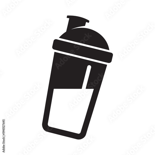 A simple black and white illustration of a protein shaker bottle with liquid