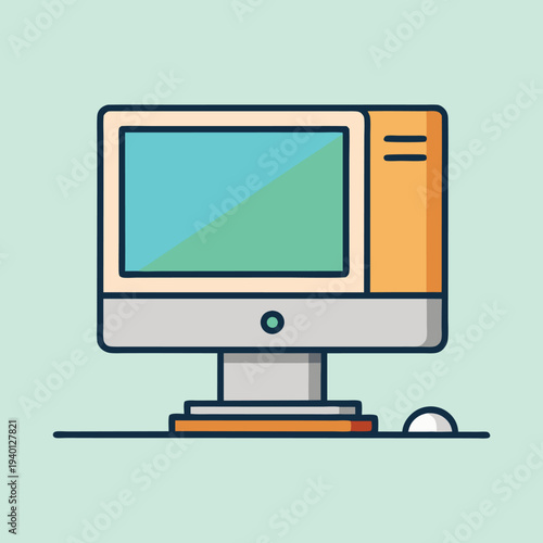 Retro Computer Illustration with Mouse on Light Blue Background, Nostalgic Technology
