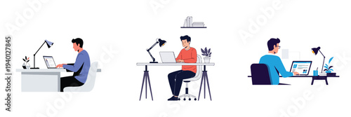 A young man working on his laptop at a contemporary desk setup, flat vector illustration, simple minimalist style, white background.