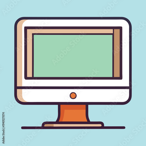 Cartoonstyle illustration of a desktop computer with a green screen display