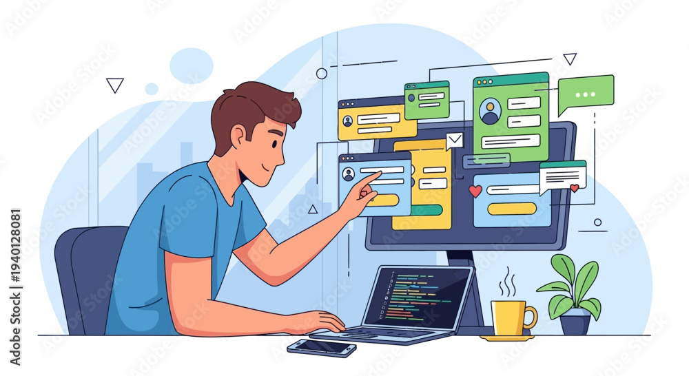 Fototapeta premium Young man coding and designing user interface on computer screen, web development concept