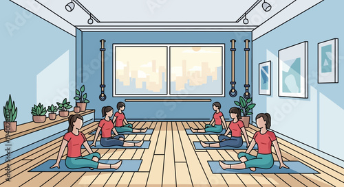 Yoga class in studio with women meditating on mats, city view through window