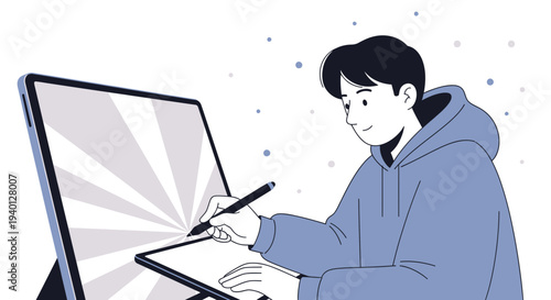 Young artist drawing on digital tablet with stylus, creative workspace, modern illustration