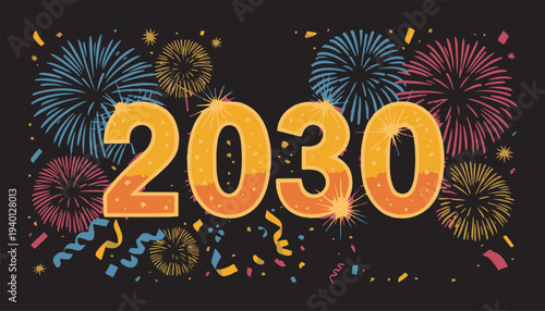 Vibrant 2030 celebration with colorful fireworks and confetti