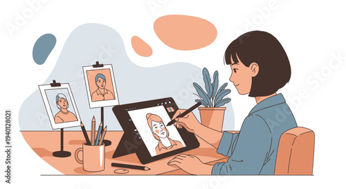 Young artist drawing portraits on tablet, creative workspace with art supplies