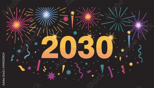 Vibrant fireworks celebrate future year 2030 with colorful confetti