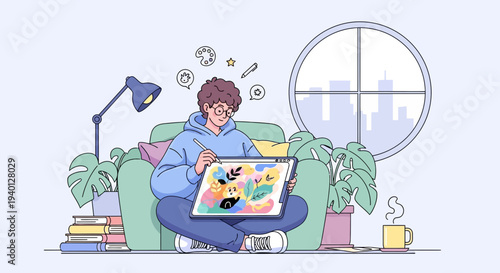 Young artist drawing on tablet in cozy home studio, creative hobby, digital art