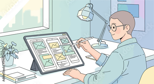 Young designer sketching mobile app interface on tablet, working from home office with desk lamp