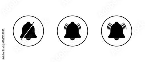 Bell alert icon set in circular outline. Mute and ring notification symbol