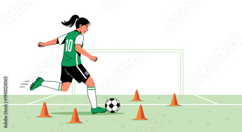 Young female soccer player practicing dribbling drills with cones on a field.