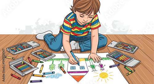Young Child Drawing on Floor with Crayons, Creative Childhood Activity