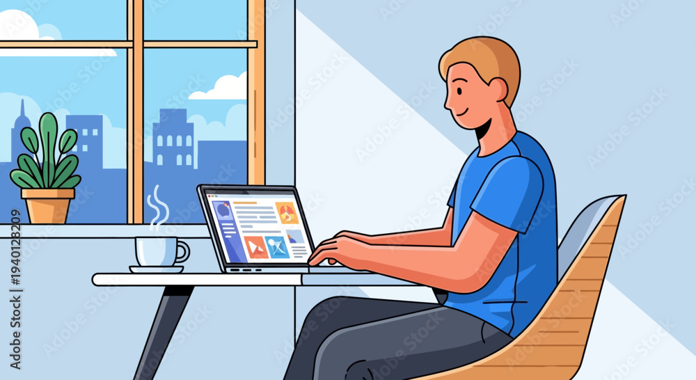 Naklejka premium Young Man Working Remotely on Laptop at Home Office Desk with City View