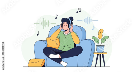 Young person relaxing in armchair listening to music with headphones, sound waves and notes