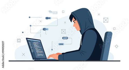 Young programmer in hoodie coding on laptop, cybersecurity concept, abstract background