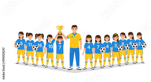 Young Soccer Team Celebrates Victory with Coach Holding Trophy