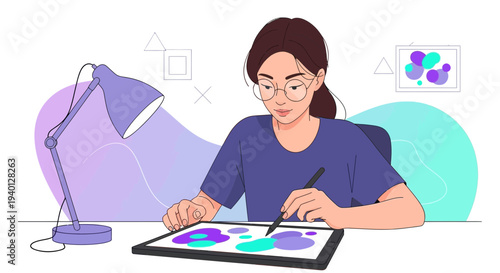 Young woman artist drawing digital art on tablet with stylus, creative workspace, illustration