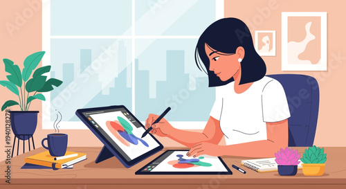 Young woman artist drawing on digital tablet in home office, creative workspace, illustration