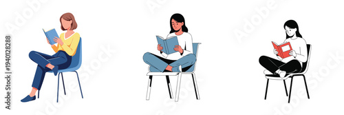 Minimalist vector illustration of a young woman seated on a chair reading a book, flat design, clean lines, white background.