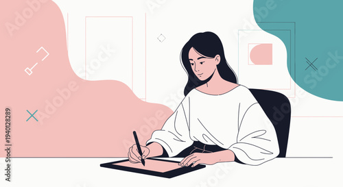 Young woman artist drawing on graphic tablet, creative workspace, digital art concept