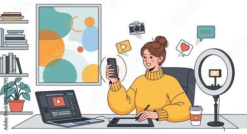 Young woman creating digital content with laptop, tablet, and ring light
