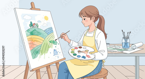 Young woman artist painting a colorful landscape on canvas at an easel