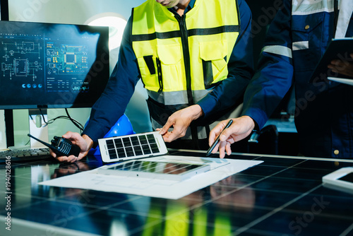 Engineers designing renewable energy project using wind turbine model and solar panels while reviewing digital blueprint. Concept of clean power, sustainability