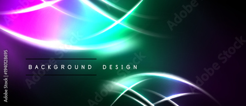 Abstract background features vibrant curves, glowing lines. Dark shades contrast bright colors, creating dynamic visual effect. Text reads background design.