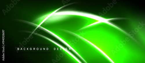 Abstract green neon lines create dynamic flow. Dark background emphasizes bright curves, modern design element.