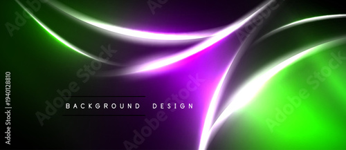 Abstract neon waves, vibrant green, purple hues. Dark background creates dynamic visual effect. Modern design element.